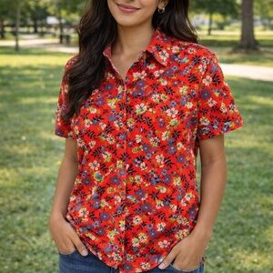 Women's Short Sleeve Floral Button-Down Shirt - Red
